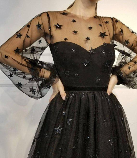 Sparkle Long Sleeve Short Unique Sheer Neck Stars Mini Homecoming Dress DMD50
