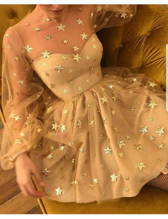Sparkle Long Sleeve Short Unique Sheer Neck Stars Mini Homecoming Dress DMD50