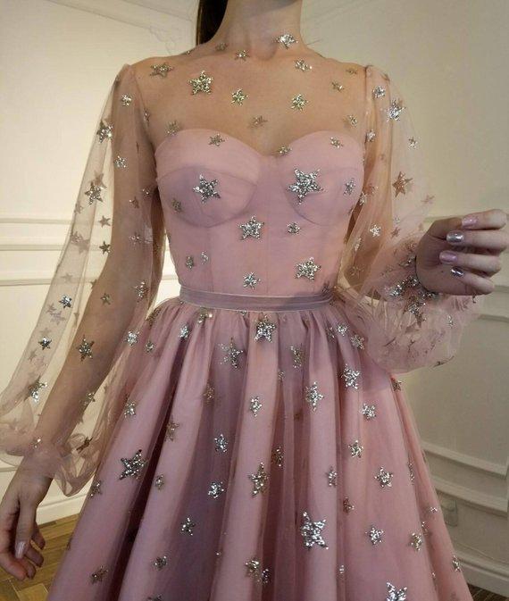 Sparkle Long Sleeve Short Unique Sheer Neck Stars Mini Homecoming Dress DMD50