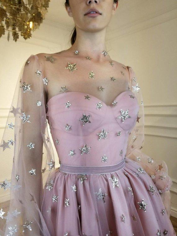 Sparkle Long Sleeve Short Unique Sheer Neck Stars Mini Homecoming Dress DMD50