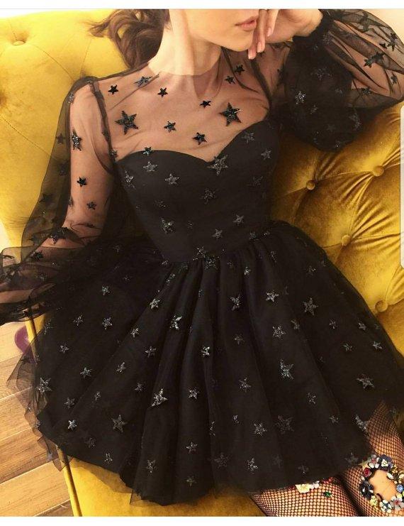 Sparkle Long Sleeve Short Unique Sheer Neck Stars Mini Homecoming Dress DMD50
