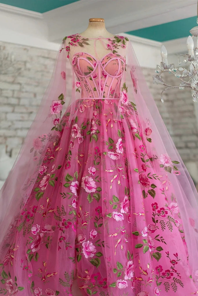 Princess A Line Long Sleeves Floral Tulle Long Prom Dresses Formal Eve Demodresses Princess A Line Long Sleeves Floral Tulle Long Prom Dresses Formal Eve Demodresses
