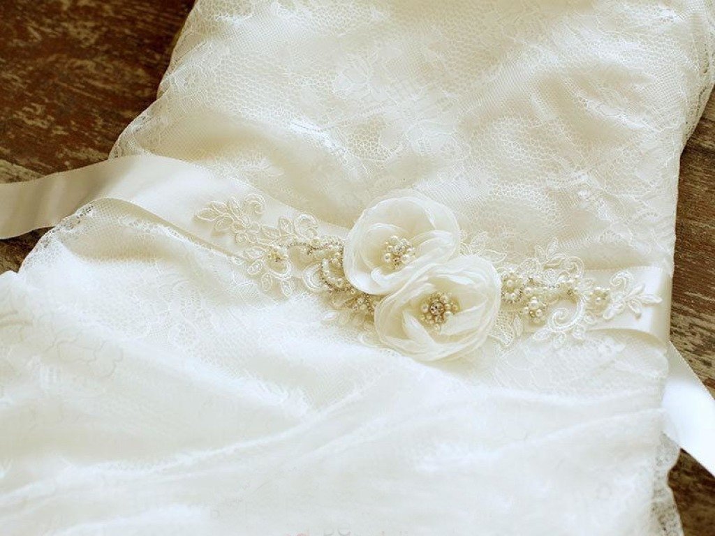 Flower Wedding Belt Lace Applique Floral Bridal Sash with Pearls BS10