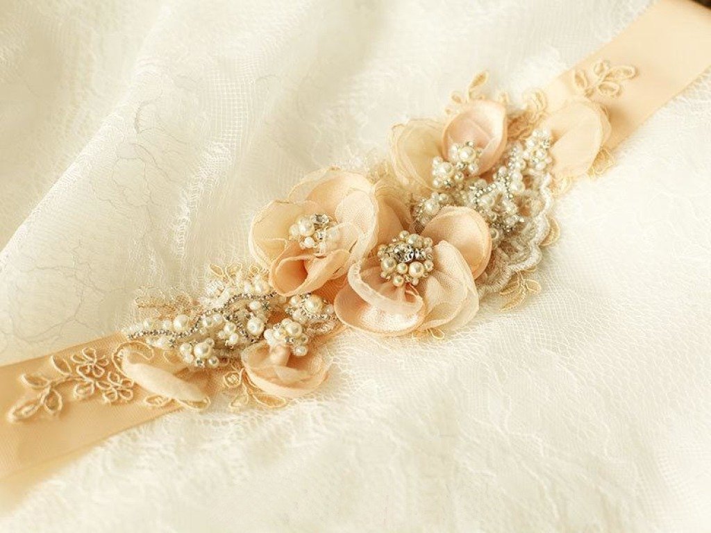 Cute Nude Blush Bridal Sash Floral Lace Rustic Wedding Belt BS16