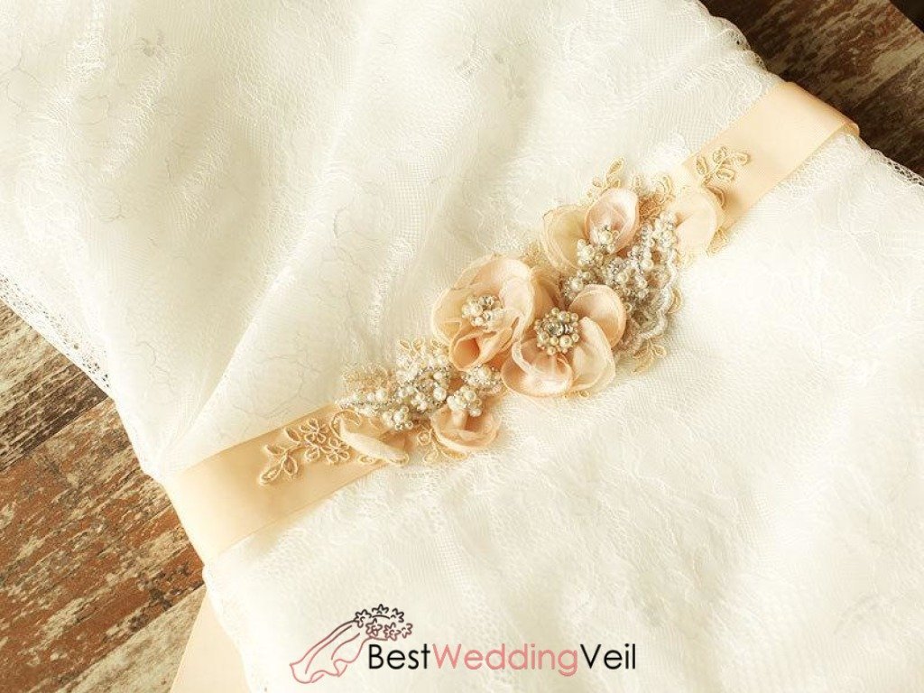 Cute Nude Blush Bridal Sash Floral Lace Rustic Wedding Belt BS16