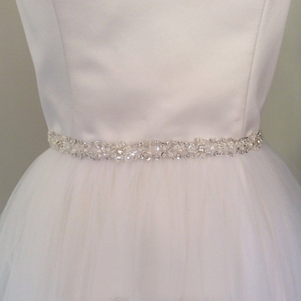 Skinny Beaded Bridal Belt Thin Ribbon Crystal Sash Narrow Rhinestone Trim BS6