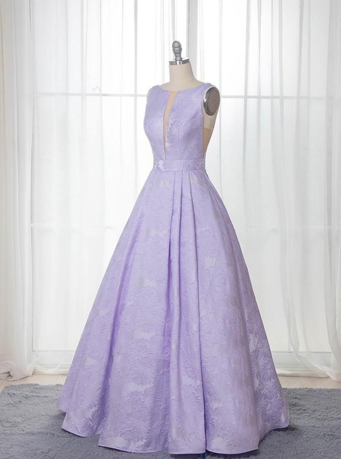 A-Line Floor-Length Lilac Printed Prom Dress, Simple Long Evening Dresses DMJ12