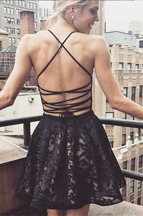 A-Line Deep V-Neck Straps Short Black Lace Homecoming Dress with Pockets DMA93