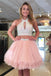 Sweet Two Pieces A-line Halter Mini Tulle Short Pink Homecoming Dresses With Sequins DMA78