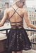 A-Line Deep V-Neck Straps Short Black Lace Homecoming Dress with Pockets DMA93