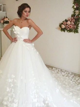 Adorable Sweetheart Tulle A Line Court Train Off White Wedding Dress with Flower DMB07