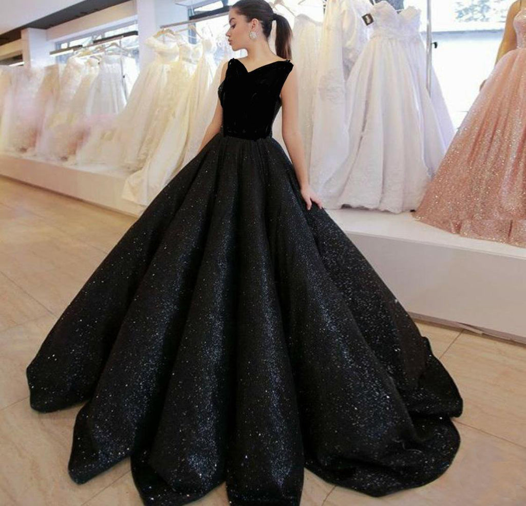 Black V Neck Sequined Ball Gown Prom Dress, Big Formal Dresses DMI83