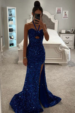 Royal Blue Mermaid Sequins Long Prom Dress Formal Evening Dresses DMP221