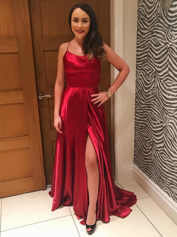Burgundy Spaghetti Strap Prom Dress with Slit, Sexy Long Party Dresses DMJ86
