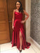 Burgundy Spaghetti Strap Prom Dress with Slit, Sexy Long Party Dresses DMJ86