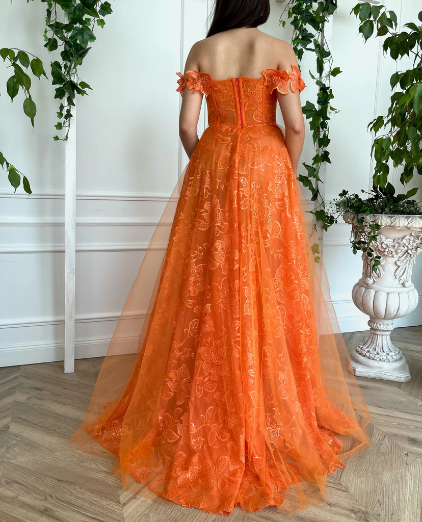 Off the Shoulder A Line Lace Orange Long Prom Dress Evening Gown DMP314