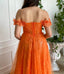 Off the Shoulder A Line Lace Orange Long Prom Dress Evening Gown DMP314