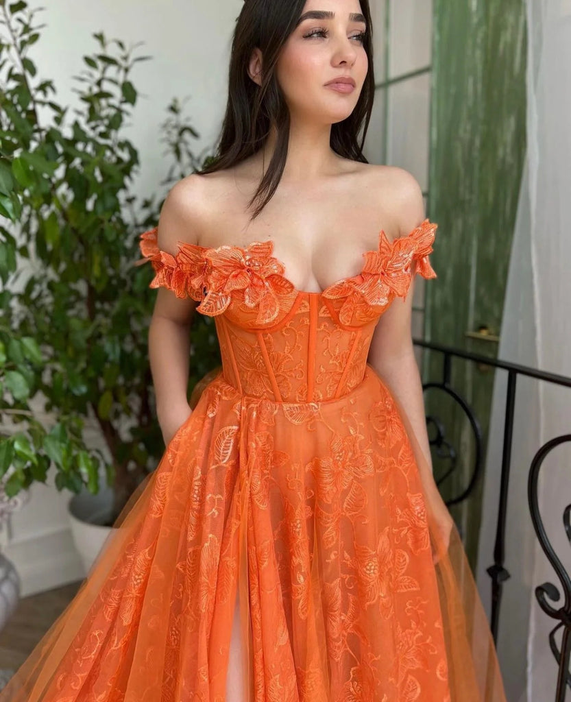 Off the Shoulder A Line Lace Orange Long Prom Dress Evening Gown DMP314