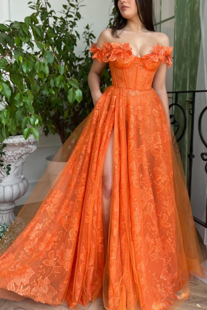 Off the Shoulder A Line Lace Orange Long Prom Dress Evening Gown DMP314