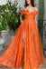Off the Shoulder A Line Lace Orange Long Prom Dress Evening Gown DMP314