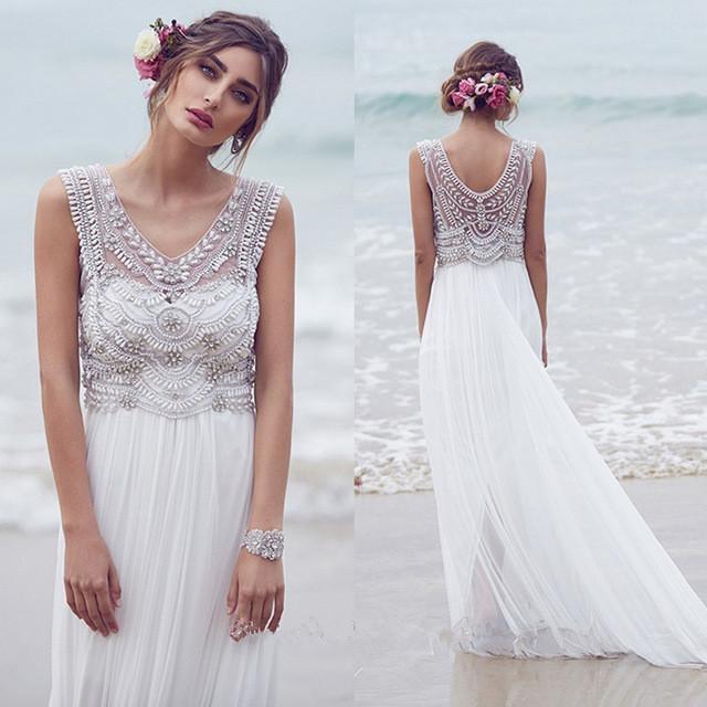 Fashion Chiffon Beading Long V-neck A Line Beach/Coast Wedding Dress,Pretty Bridal Gowns DM265