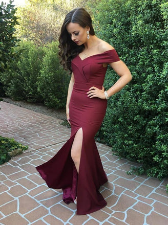 Mermaid Off-the-Shoulder Burgundy Simple Prom Dress with Split DMI93