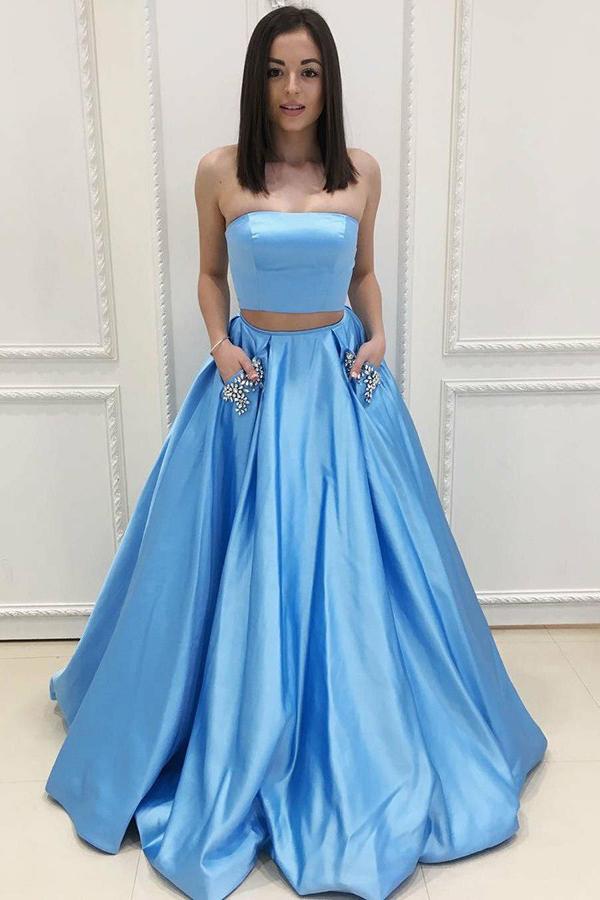 Two Piece A Line Strapless Blue Prom Dress with Pockets Beading DMI94