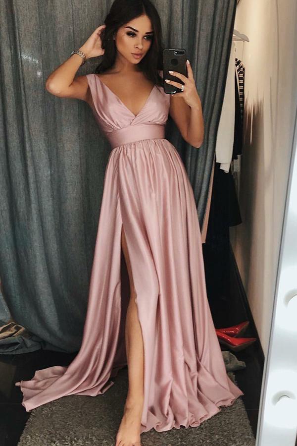 Cheap A-Line V-Neck Sweep Train Pink Prom Dress with Pleats Split DMI92