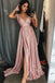 Cheap A-Line V-Neck Sweep Train Pink Prom Dress with Pleats Split DMI92