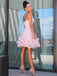 Elegant V Neck Sleeveless A Line Short Pink Homecoming Dresses With Flowers DMHD26