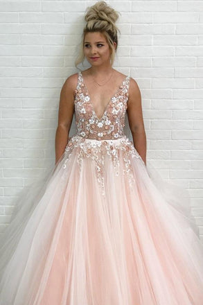 Charming A-Line V-Neck Floor-Length Pink Tulle Prom Dress with Appliques Beading DMI68