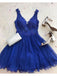 A Line V Neck Tulle Beaded Royal Blue Short Homecoming Dresses DMM71