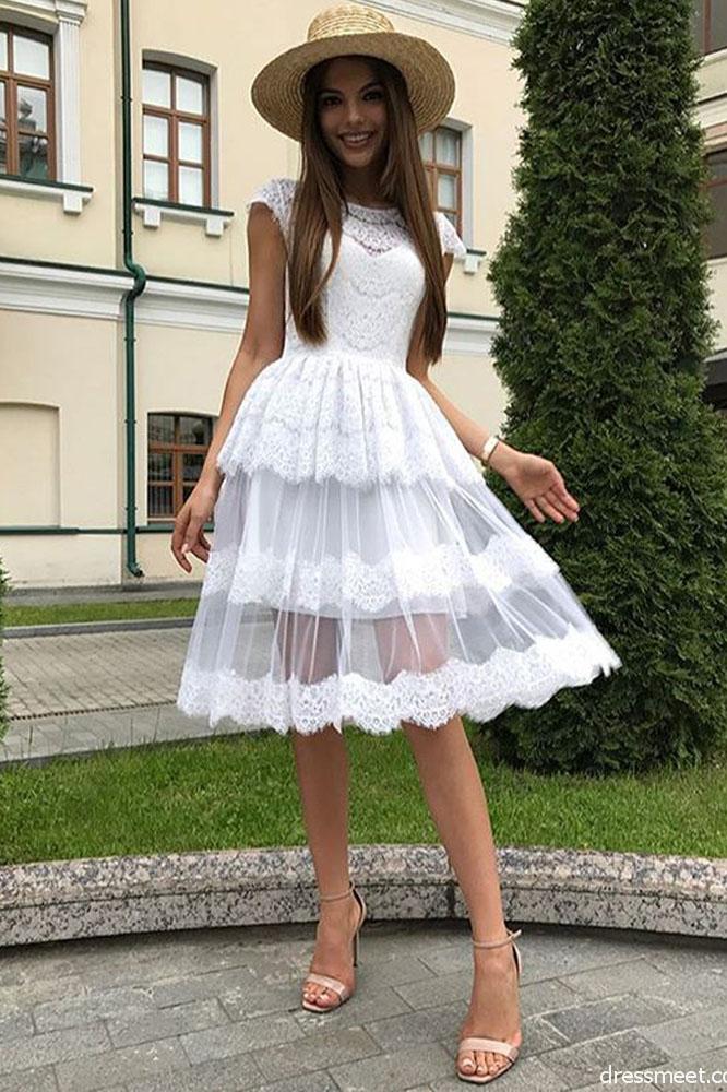 A Line White Lace Homecoming Dresses, Beautiful Short Prom Dresses DMM72