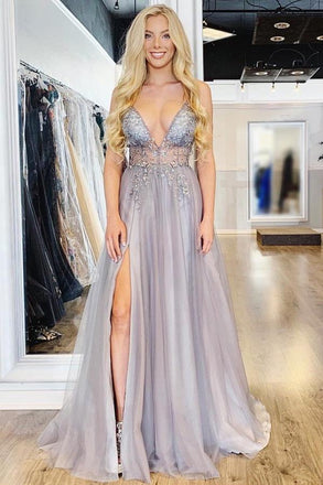 A-Line Spaghetti Straps Deep V Neck Prom Dress with Beading Split DMI69