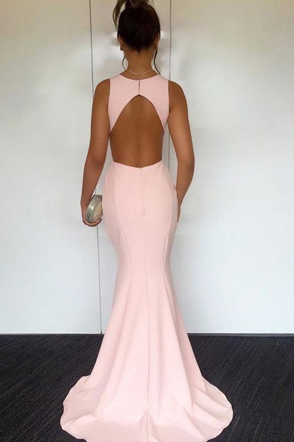 Mermaid Open Back Floor-Length Pink Simple Prom Dress DMI95
