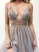 A-Line Spaghetti Straps Deep V Neck Prom Dress with Beading Split DMI69