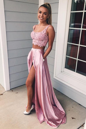 Two Piece Square A Line Pink Split Long Prom Dress with Lace Pockets DMI72