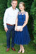 Elegant A Line Royal Blue Lace Tea Length Prom Dresses, Formal Party Dresses DMM75
