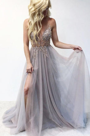 A-Line Spaghetti Straps Deep V Neck Prom Dress with Beading Split DMI69