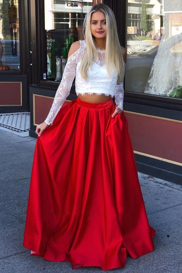 Two Piece Long Sleeves Cold Shoulder Red Long Prom Dress with White Lace Pockets DMI73