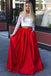 Two Piece Long Sleeves Cold Shoulder Red Long Prom Dress with White Lace Pockets DMI73
