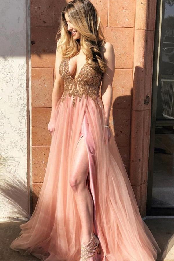 A-Line V-Neck Tulle Long Coral Prom Dress with Beading Split DMI70