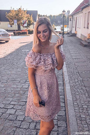 Elegant Off the Shoulder Blush Lace Short Homecoming Dresses DMM73