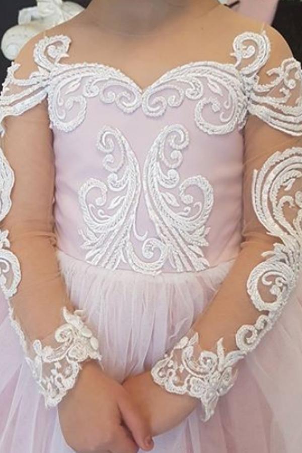 Princess Ball Gown Long Sleeves Tulle Long Flower Girl Dress with Lace Appliques DMB98