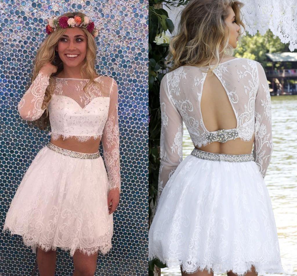 Two Piece Lace Short Long Sleeve Beading Open Back Homecoming Dress OKC19