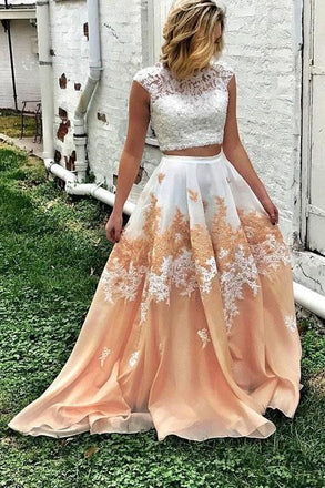 Pretty Two Piece Cap Sleeves A Line Lace Appliques Prom Dresses DMG39