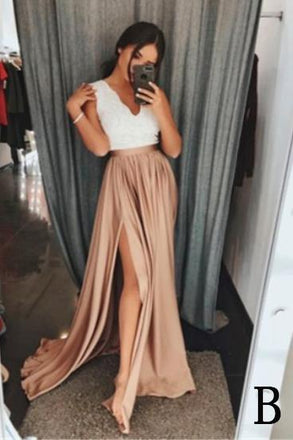 A-Line V-Neck Elastic Satin Long Split Prom Dress with Lace Top DMB23