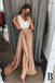 A-Line V-Neck Elastic Satin Long Split Prom Dress with Lace Top DMB23