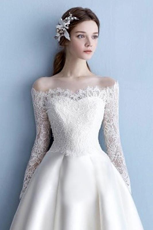 Elegant Off the Shoulder Long Sleeve Satin A Line Lace Plus Size Wedding Dress DM638