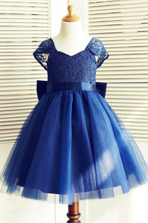 A-Line Square Neck Cap Sleeves Dark Blue Flower Girl Dress with Lace Bowknot DMP16
